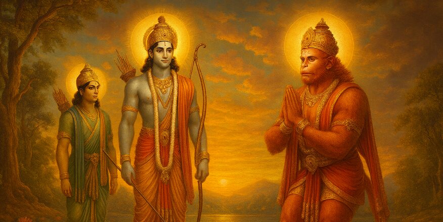 Hanuman, Rama, and Lakshmana at Hanuman Temple in Bangalore during sunset.